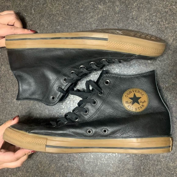Converse Black Leather High Top Gum Rubber Bottom